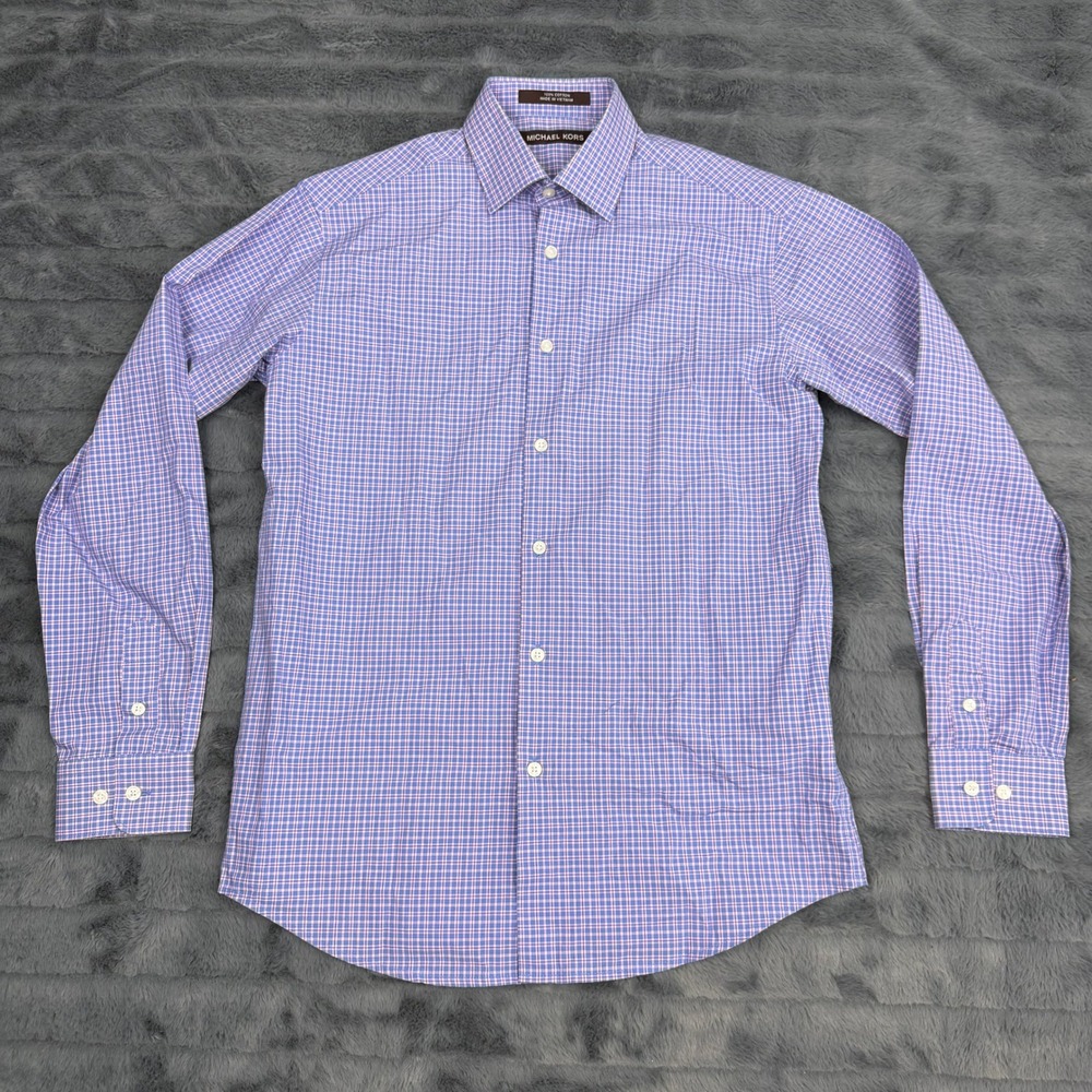 Michael Kors Blue Pink Micro Check Cotton Button Down Shirt Size 14 Long Sleeve